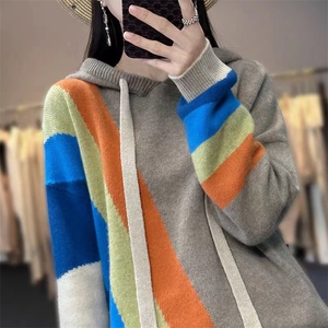 秋冬100%羊毛衫女彩虹条纹加厚宽松带帽连帽卫衣羊绒针织毛衣帽衫图片