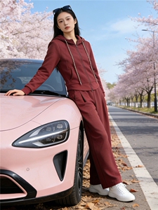 欧货慵懒风时尚套装女春季设计感纯色连帽外套休闲阔腿长裤两件套图片