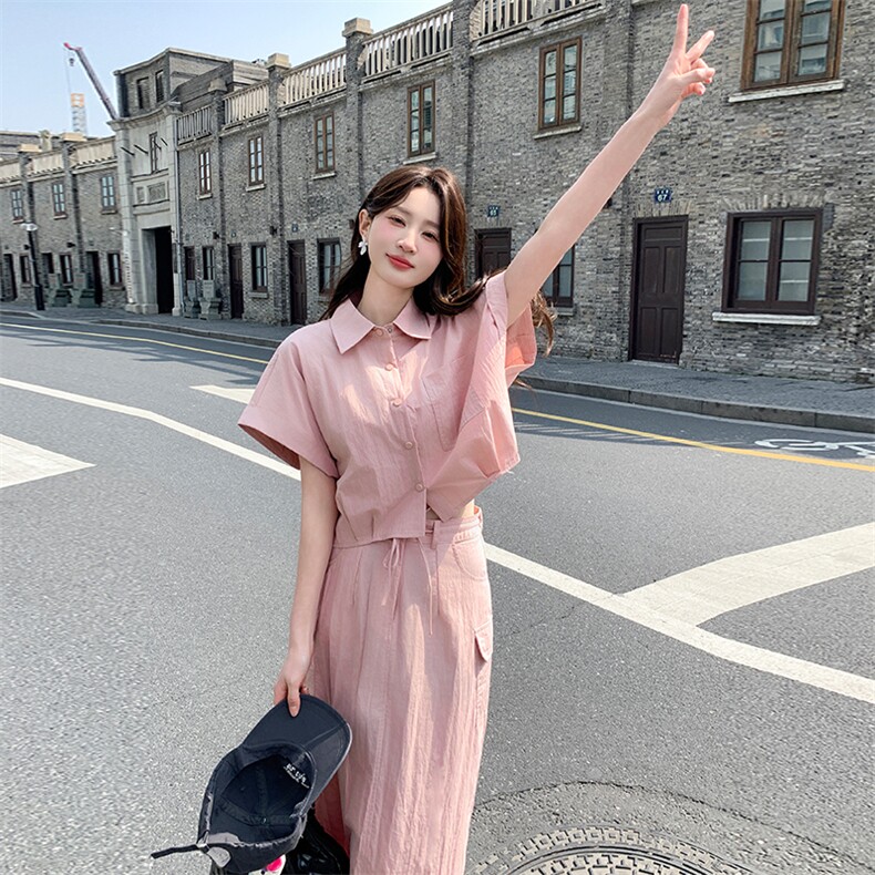 韩系粉色工装套装女夏2024新款冷淡风盐系套装裙两件套御姐炸街,女装套装/套裙,纯色衣恋