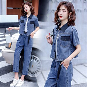 现货，新款韩版撞色宽松休闲牛仔裤两件套工装风休闲减龄显瘦潮女，女装套装/套裙，E百度