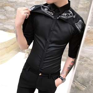 19春韩版修身衬衫发型师七分袖工作服个性拼接中袖102A-D56图片