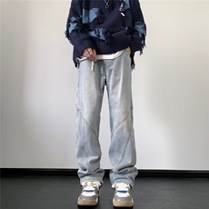牛仔裤男秋冬季潮牌美式高街新款宽松直筒休闲阔腿长裤子8193-p45，男装牛仔裤，星座1008