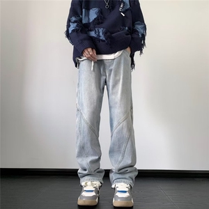 牛仔裤男秋冬季潮牌美式高街新款宽松直筒休闲阔腿长裤子8193-p45图片