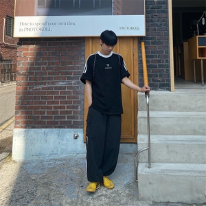 24夏季拼接短袖男女运动美式高街纯棉休闲上衣T恤-T2901特P35现货图片
