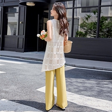 清冷松弛感一整套穿搭女2025夏季新款气质镂空背心裙阔腿裤两件套，女装套装/套裙，铭街依杨