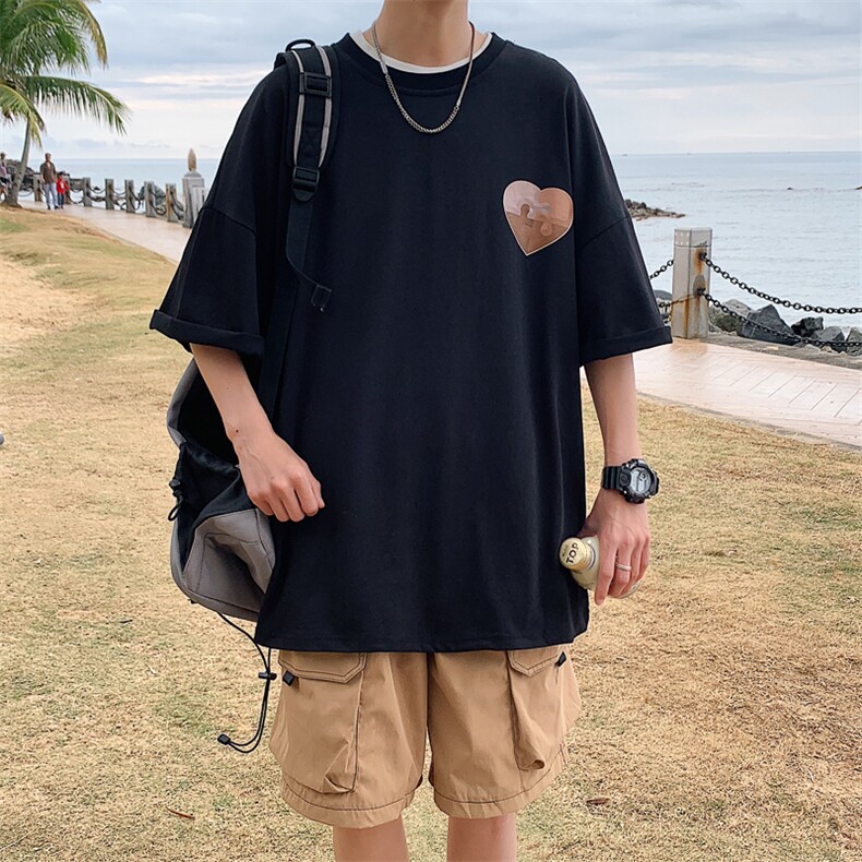 1港风爱心印花休闲情侣日系潮大码短袖T恤男DT7637P30控45,男装T恤,星座226-2