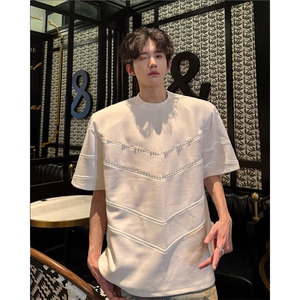 25设计感男士拼接刺绣重工定珠解构男士垫肩T恤dx251-p78图片