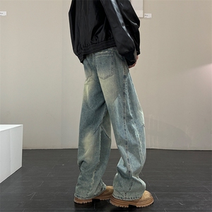 美式复古做旧擦色明线弯刀牛仔裤男女新款水洗裤子9397/p65图片