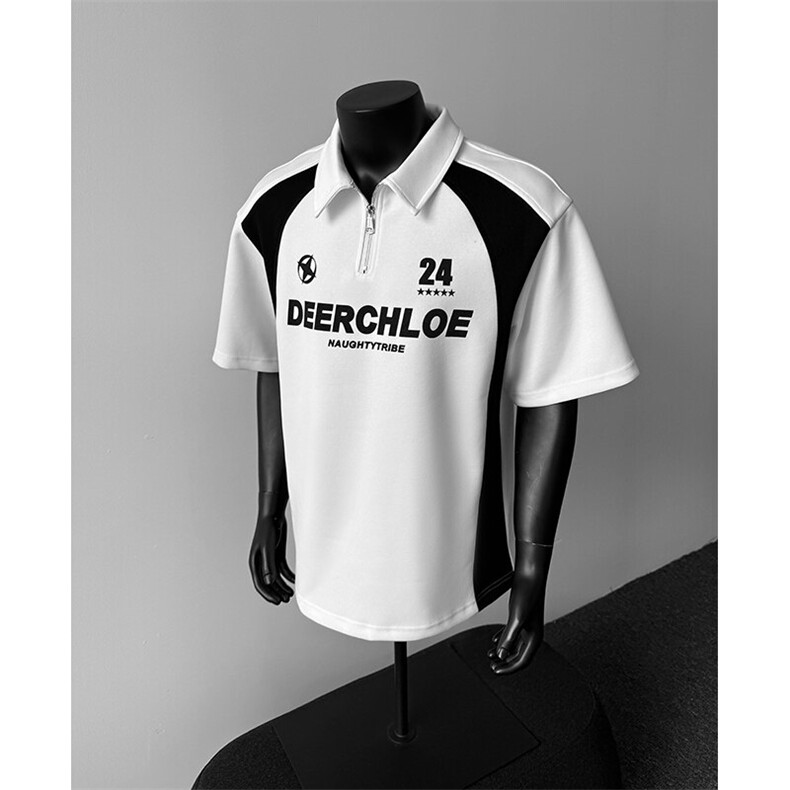 405A高街美式翻领半拉链设计感印花polo短袖T恤T2533-P45控68，男装T恤，星座405A