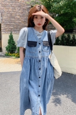 减龄牛仔背带裙套装女2023夏季新款温柔风设计感别致小个子连衣裙，女装套装/套裙，菡迪欧娜