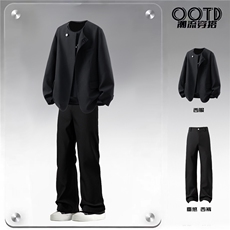 立体白底圆领新中式西服M-5XL大码XF78107P85控138西裤XK78151P45，男装西服，星座227-7