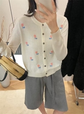 单排扣开衫立领长袖短款嵌花春秋新款针织衫，女装针织衫/毛衣，晨旭羊绒
