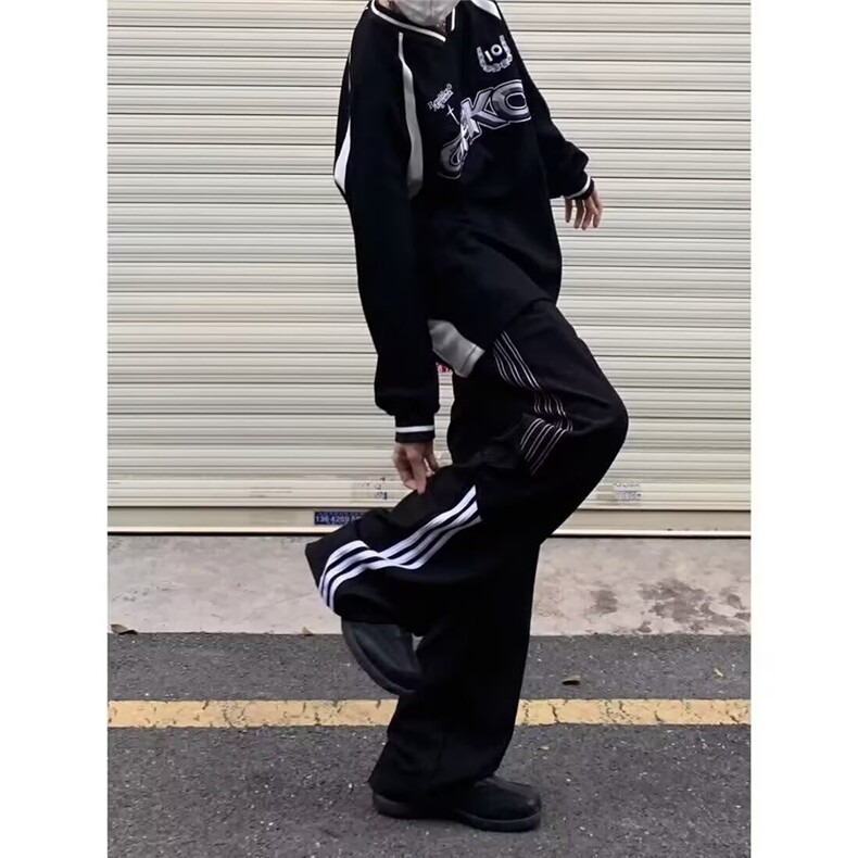 直筒休闲裤子男生宽松潮侧边三条杠条纹运动裤LC2877-P36加绒45,女装休闲裤,星座1008