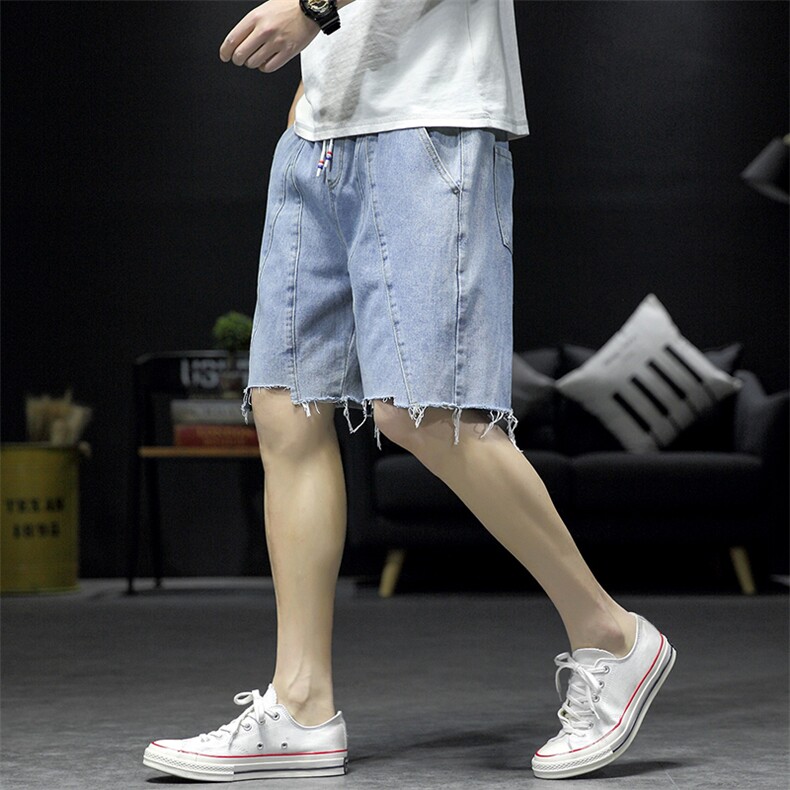 2021夏季新日系大码男沙发墙毛边拼接立体裁剪牛仔短裤ND8116-P45,男装牛仔裤,电商A001
