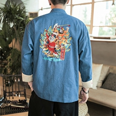 秋冬风刺绣大码休闲牛仔夹克立领情侣唐装外套潮JK17/P155，男装工装外套，钱塘713