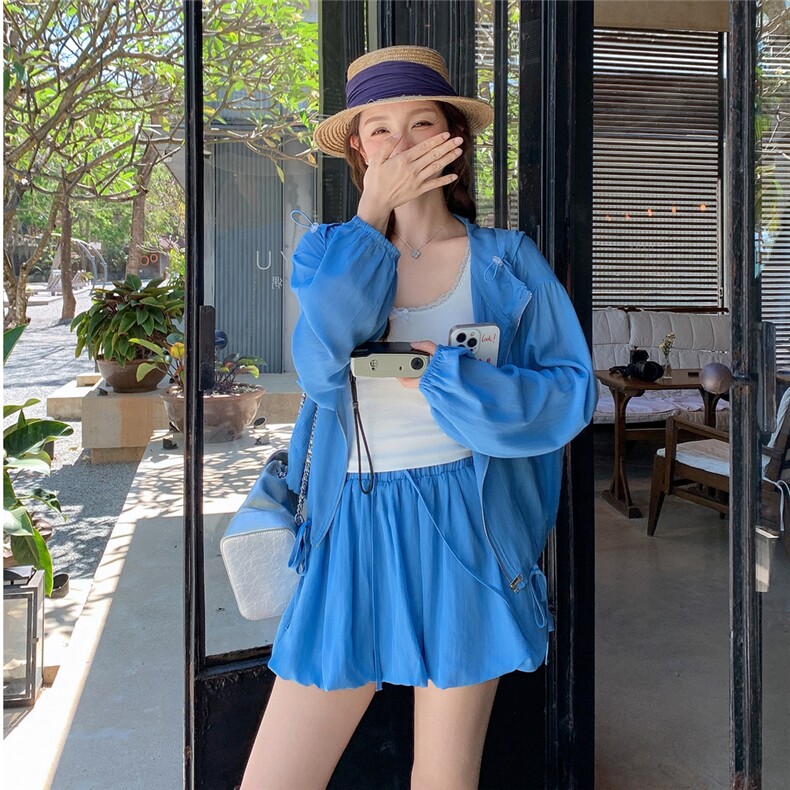 率性轻薄防晒套装裙女夏季2025新款时髦感连帽上衣半身短裙两件套,女装套装/套裙,千寻