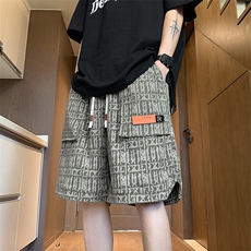 格纹工装风短裤男夏季薄款美式复古休闲大码五分裤开叉过膝运动裤，男装牛仔裤，电商基地A050