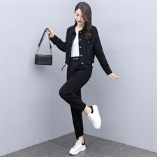 【现货】2024秋季新款女装复古牛仔短外套高腰显瘦阔腿裤套装图片