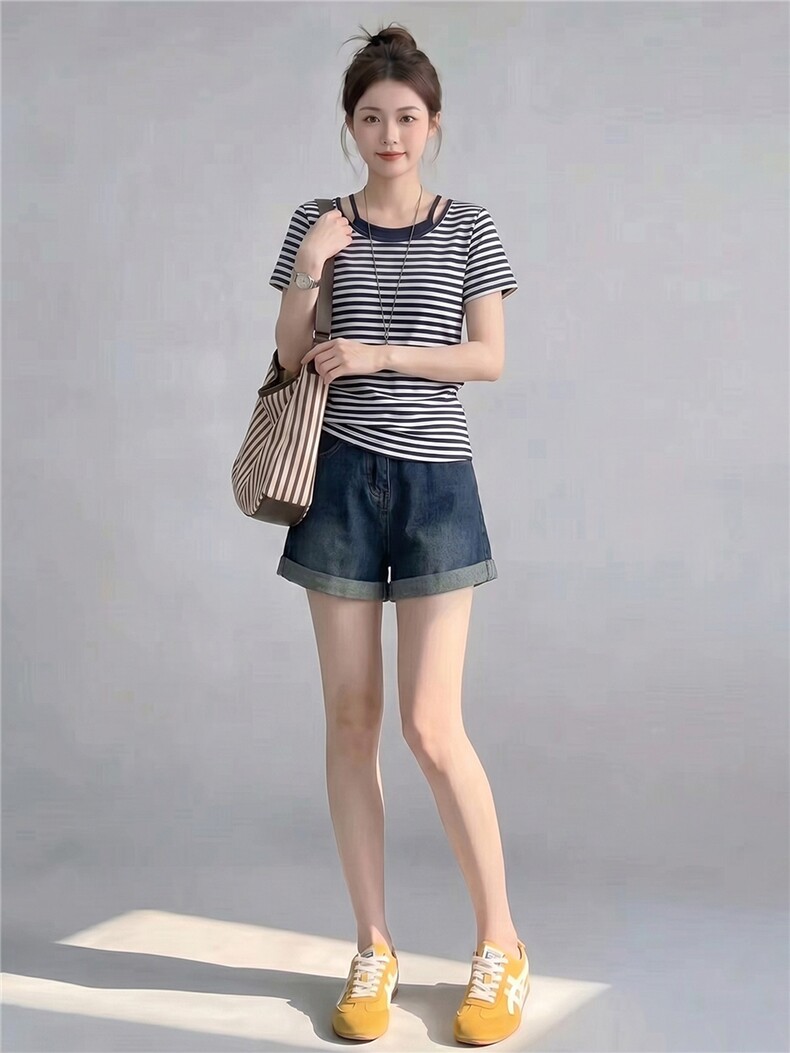 慵懒风时尚休闲套装女夏季新款圆领条纹短袖上衣牛仔短裤两件套潮,女装套装/套裙,江南