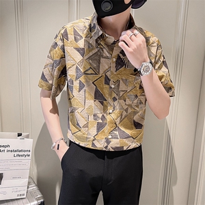 23 纯棉印花短袖衬衫宽松男装社会小伙潮流半袖衬衣TZ92P50控78图片