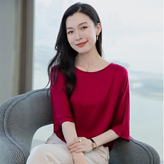 重磅圆领酒红真丝衬衫女五分袖2026春新款妈妈宽松大码真丝上衣，女装衬衫，阿舍尔精品