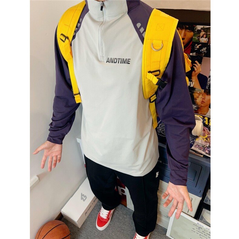 美式插肩撞色t恤男秋季健身跑步基础训练服半拉链小众速干长袖T恤，男装T恤，星座807-3