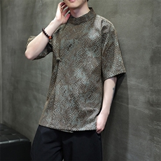 新中式圆领蟒纹提花改良中茶禅汉服风盘扣短袖衬衫31221，男装T恤，星座305A（原312A-1）