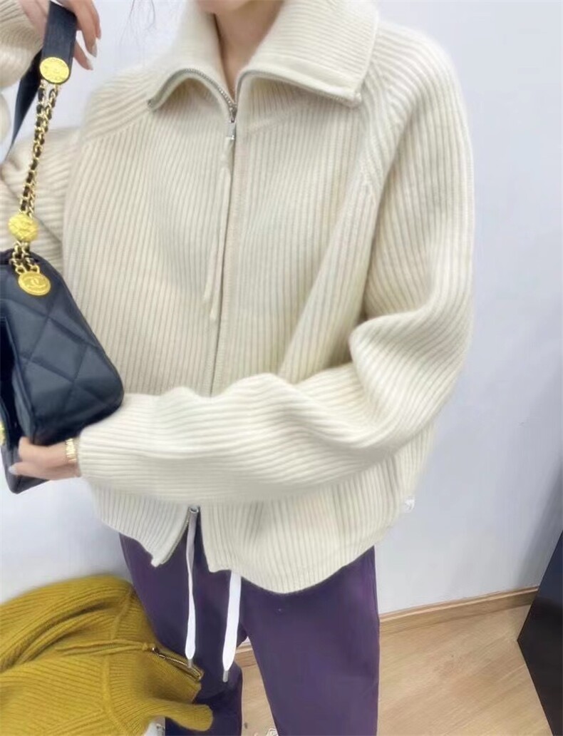 秋冬季新款宽松舒适简约女长领带绳拉链针织开衫,女装羊毛衫,恒恩羊绒