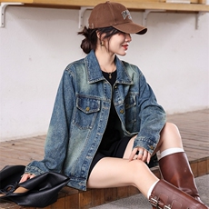 复古牛仔外套女工装风夹克2024秋新港风款宽松显瘦百搭短款上衣潮，女装牛仔外套，潮流依族