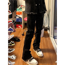 黑色毛边微喇叭牛仔裤男款弹力美式高街vibe风裤子显瘦修身直筒裤，男装牛仔裤，星座1210-1