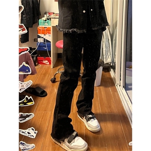 黑色毛边微喇叭牛仔裤男款弹力美式高街vibe风裤子显瘦修身直筒裤图片