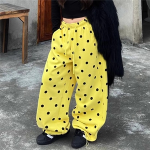 美式黄色波点刺绣加绒卫裤女冬季爵士阔腿裤运动休闲长裤子图片