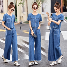 牛仔套装2025年夏季时尚气质休闲短袖上衣外套+阔腿长裤两件套女，女装套装/套裙，关键词