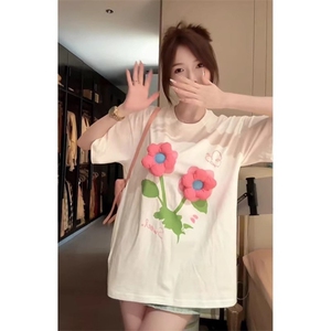 H0585-P35 立体花朵设计感小众短袖T恤图片