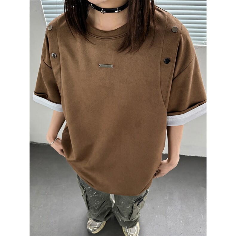 24夏季新款设计感美式高街麂皮绒情侣短袖上衣男女中性D244P38,男装T恤,电商A335-1（原A458）