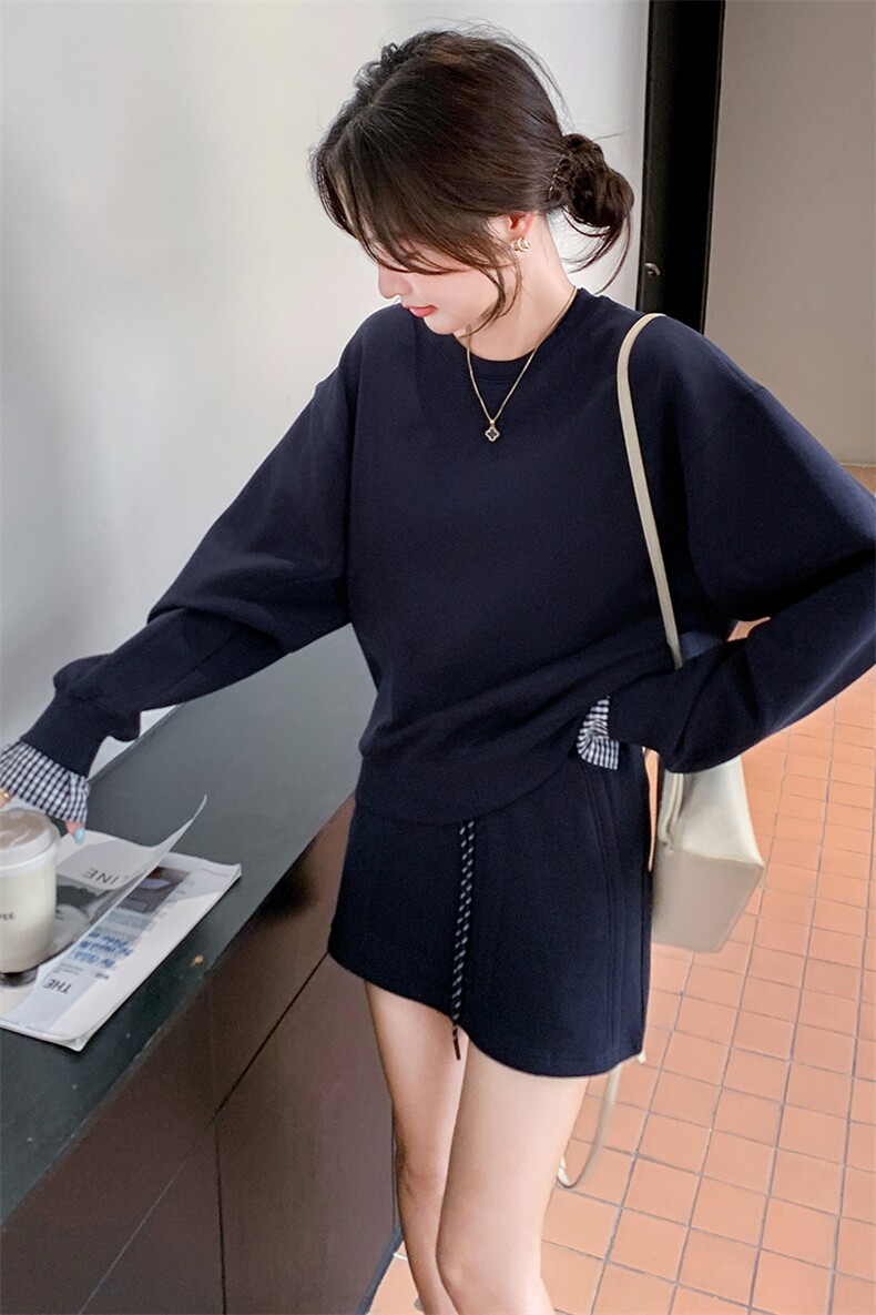 韩版时尚格纹拼接休闲卫衣套装女2025春秋季新款显瘦短裙子两件套,女装套装/套裙,C位
