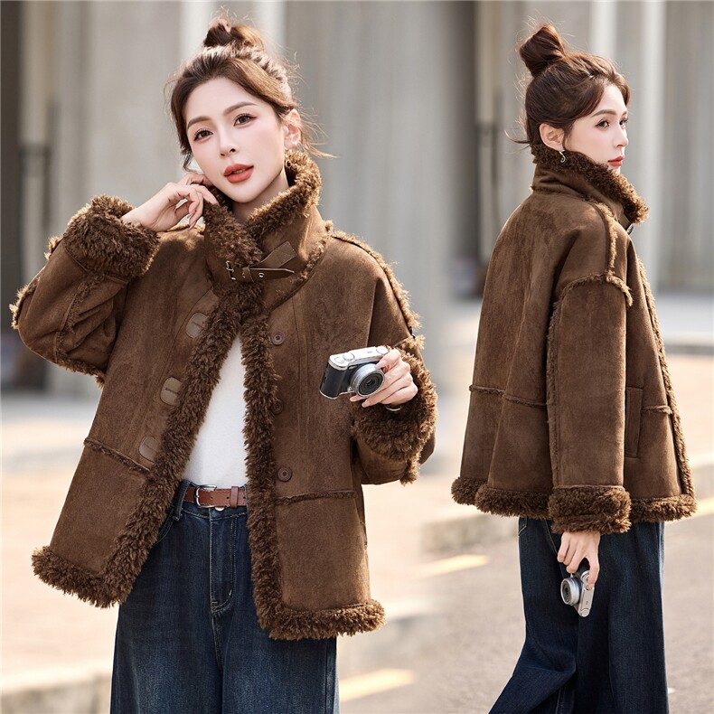 复古羊羔毛外套女冬季新款宽松显瘦皮毛一体加绒加厚上衣，女装羊羔毛/颗粒绒，依多米