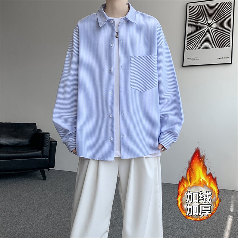 加绒衬衫男冬季新款港风宽松条纹加厚保暖长袖衬衣JR89-P39,男装衬衫,星座214-3