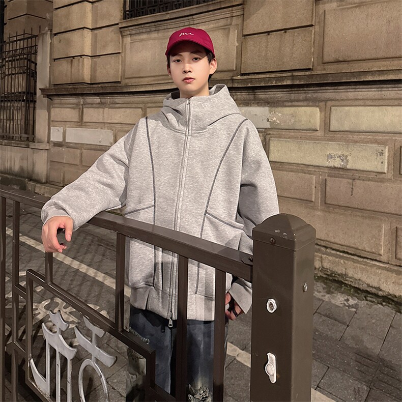 抖音得物高品质秋冬美式高街重磅结构辑明线纹理连帽卫衣外套W111，男装卫衣，电商A486