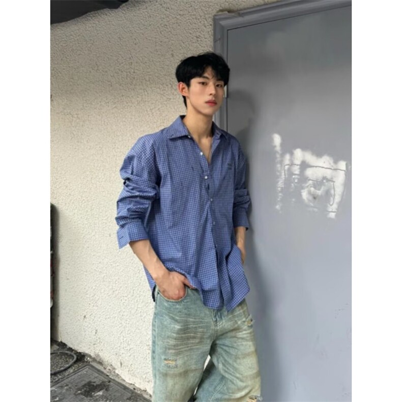 秋季韩版时髦复古慵懒风高级设计格子长袖衬衫男士做旧刺绣衬衣潮图片
