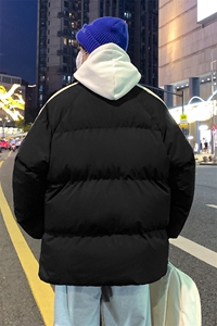 港风公版三条杠纯色棉衣新款立领棉衣男款三条杠情侣外套二开棉服图片
