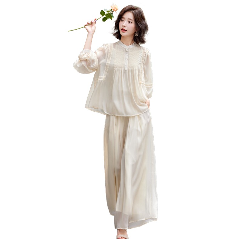 超仙时尚雪纺套装女2025春夏新款半透减龄显瘦流行阔腿裙裤三件套,女装套装/套裙,水衣源