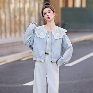 韩系蕾丝花边娃娃领PU皮衣女春新款小个子穿搭休闲显瘦减龄夹克图片