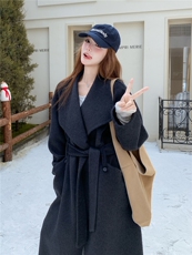 高级感双面羊绒大衣女冬季新款中长款韩版系带收腰毛呢外套老钱风，女装毛呢外套，韩然一族
