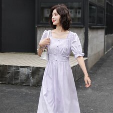 韩版气质格纹方领泡泡袖连衣裙，女装连衣裙，韩蔻秀