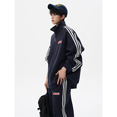 8XL-M条纹撞色开衫新年红卫衣运动套装潮牌运动服校园风TZ114P118，男装休闲套装，电商D206-1