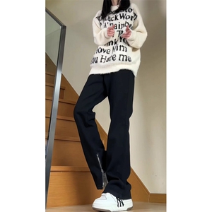 欧美江浙沪开叉拉链牛仔裤 hiphop修身美式vibe裤子微喇裤GJ87P50图片