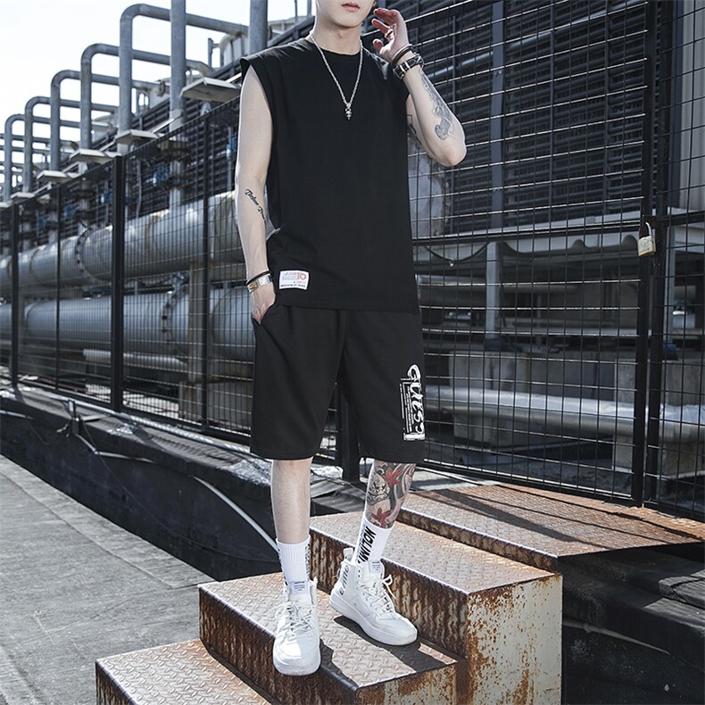 2021夏季纯棉无袖男士T恤休闲潮流短裤套装TZ210-P40,男装休闲套装,星座217-4