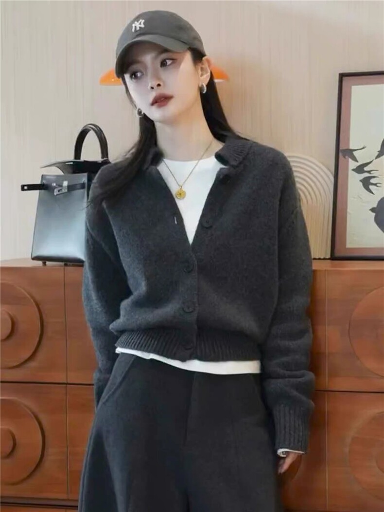高级感短款毛衣开衫外套女款2025新款潮款秋冬宽松慵懒针织衫上衣,针织衫/毛衣,美莎羊绒