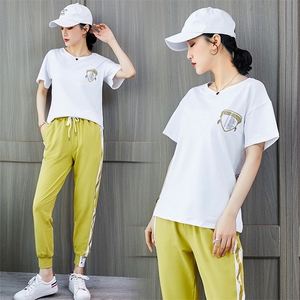 春夏装新款欧货图案印花短袖上衣T恤女休闲裤两件套装女图片